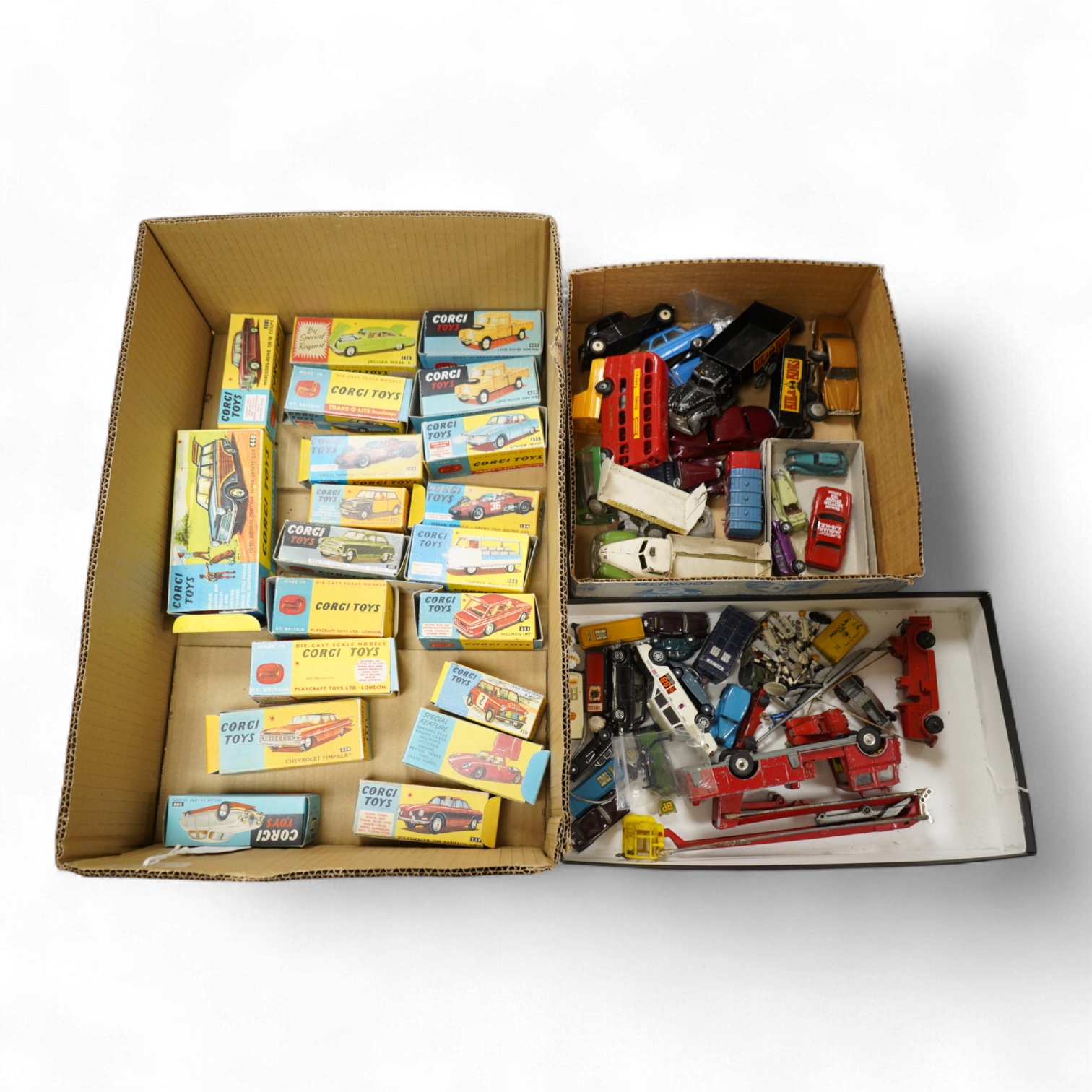 Twenty 1960s Corgi Toys, all playworn or restored examples in reproduction boxes, including cars, a milk float and two Land Rovers, etc., together with a quantity of additional diecast, etc. Vehicles by a variety of make